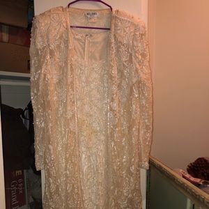 2 Piece Cream Lace/Sequins Long Dress and Jacket